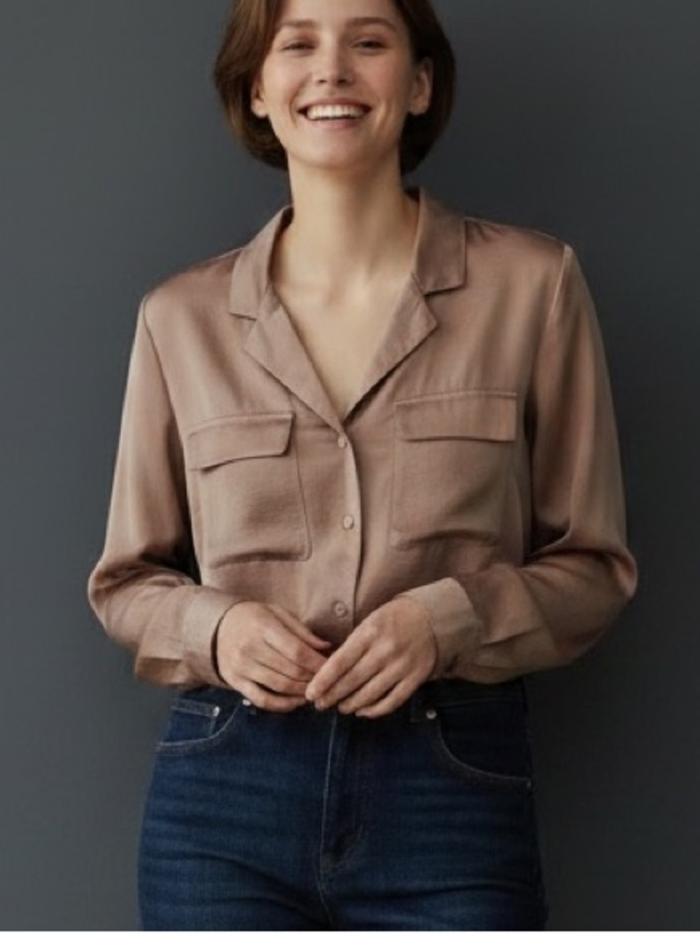 Fun 2 Fun, Mocha Button Down with Faux Front Pocket Flaps